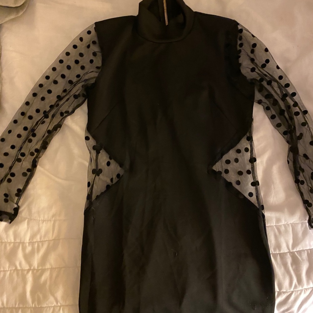 Polka dot mesh sheer dress zip up back